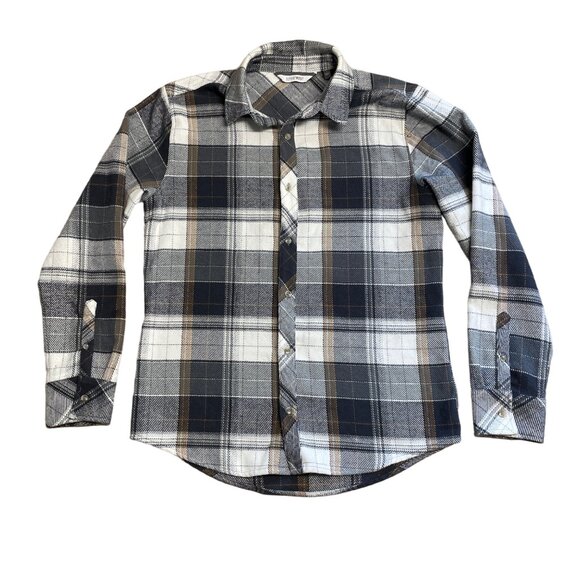 DEPARTWEST FLANNEL SHIRT BUCKLE BKE MENS L BUTTON UP PLAID CHARCOAL GOLD DW135CA - Picture 5 of 13